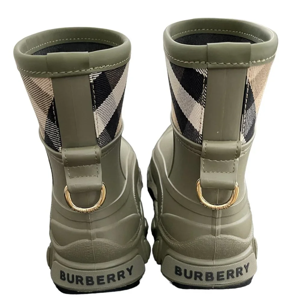 BURBERRY WOMEN'S RYAN CHECK FERN GREEN RUBBER RAIN BOOTS - Picture 4 of 16